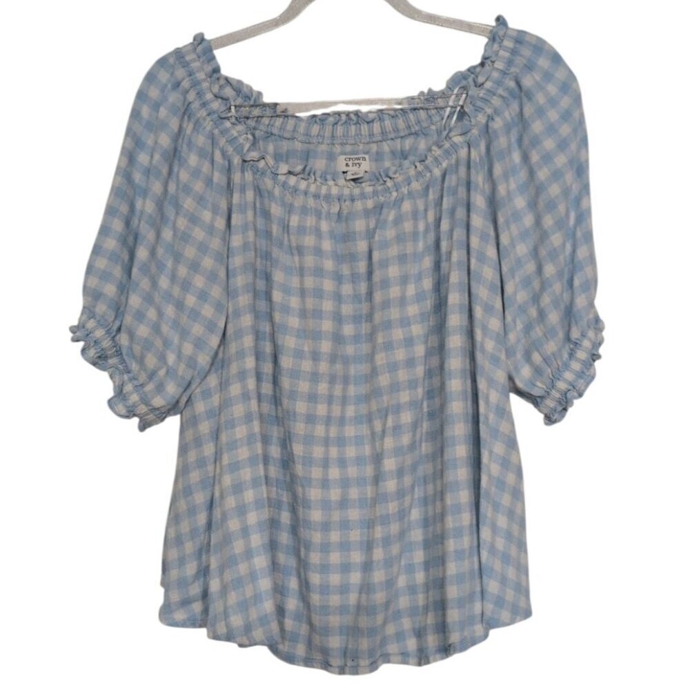 Crown & Ivy Gingham Check Shirt Womens Size Large Blue Linen Rayon Stretch